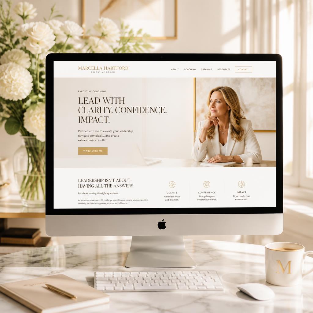 Executive coach website displayed on an iMac in a warm, sunlit luxury office