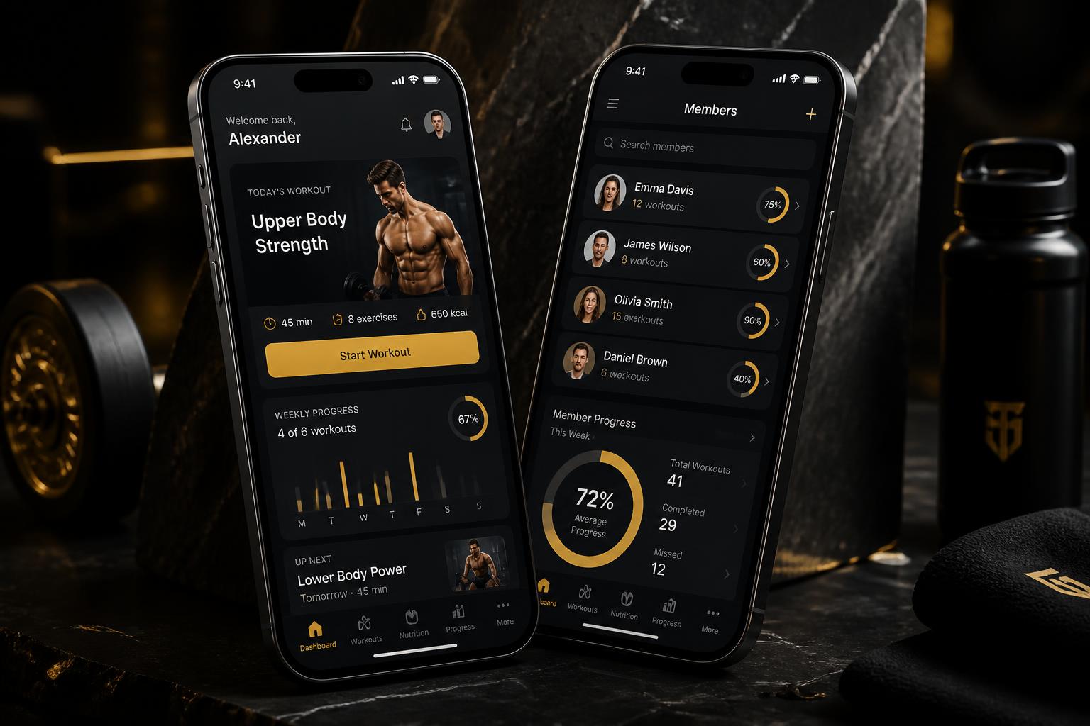 Fitness coaching mobile app on two premium smartphones with gold highlights