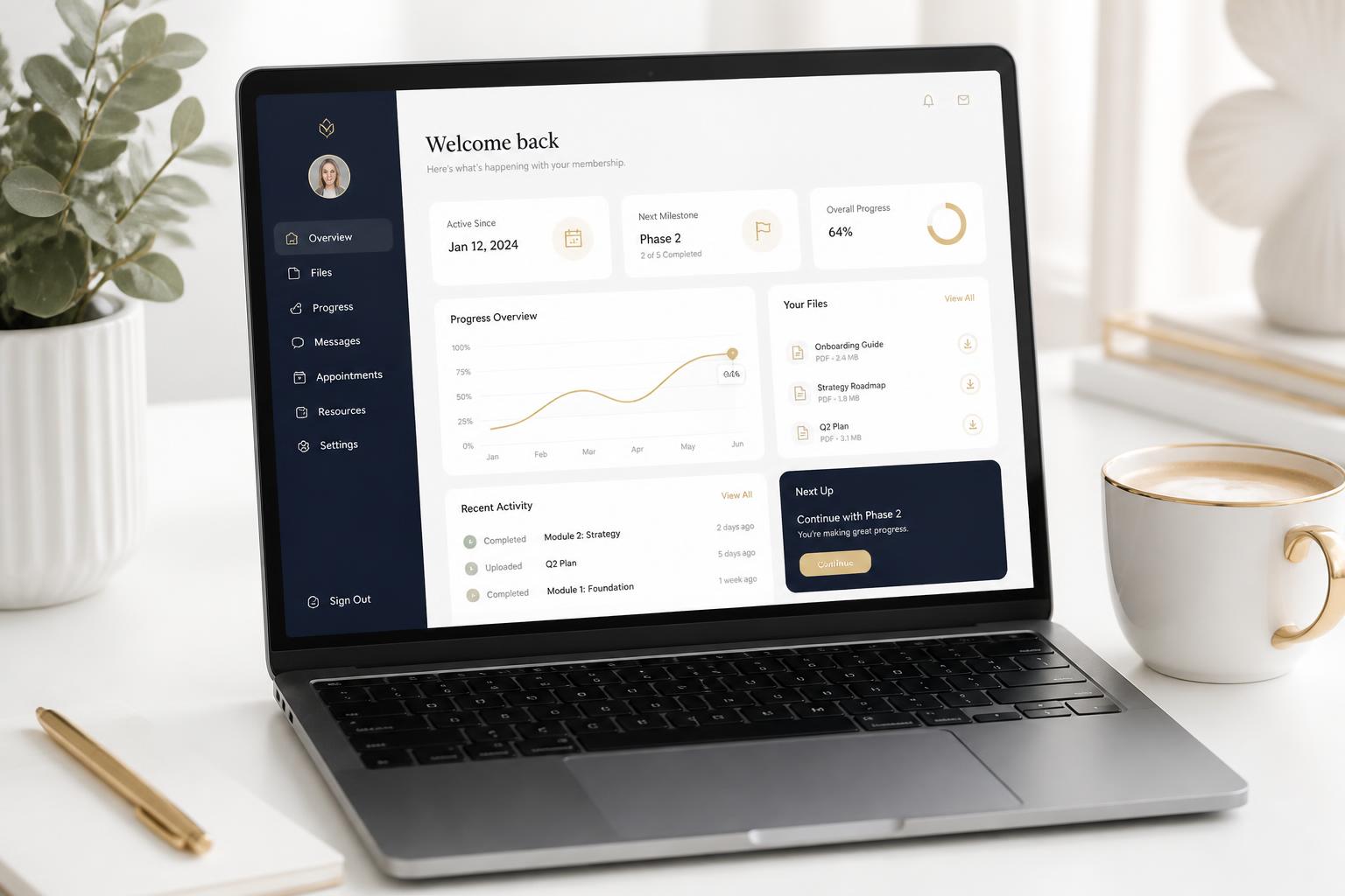 Luxury client portal dashboard with light theme, navy sidebar and gold accents on a laptop